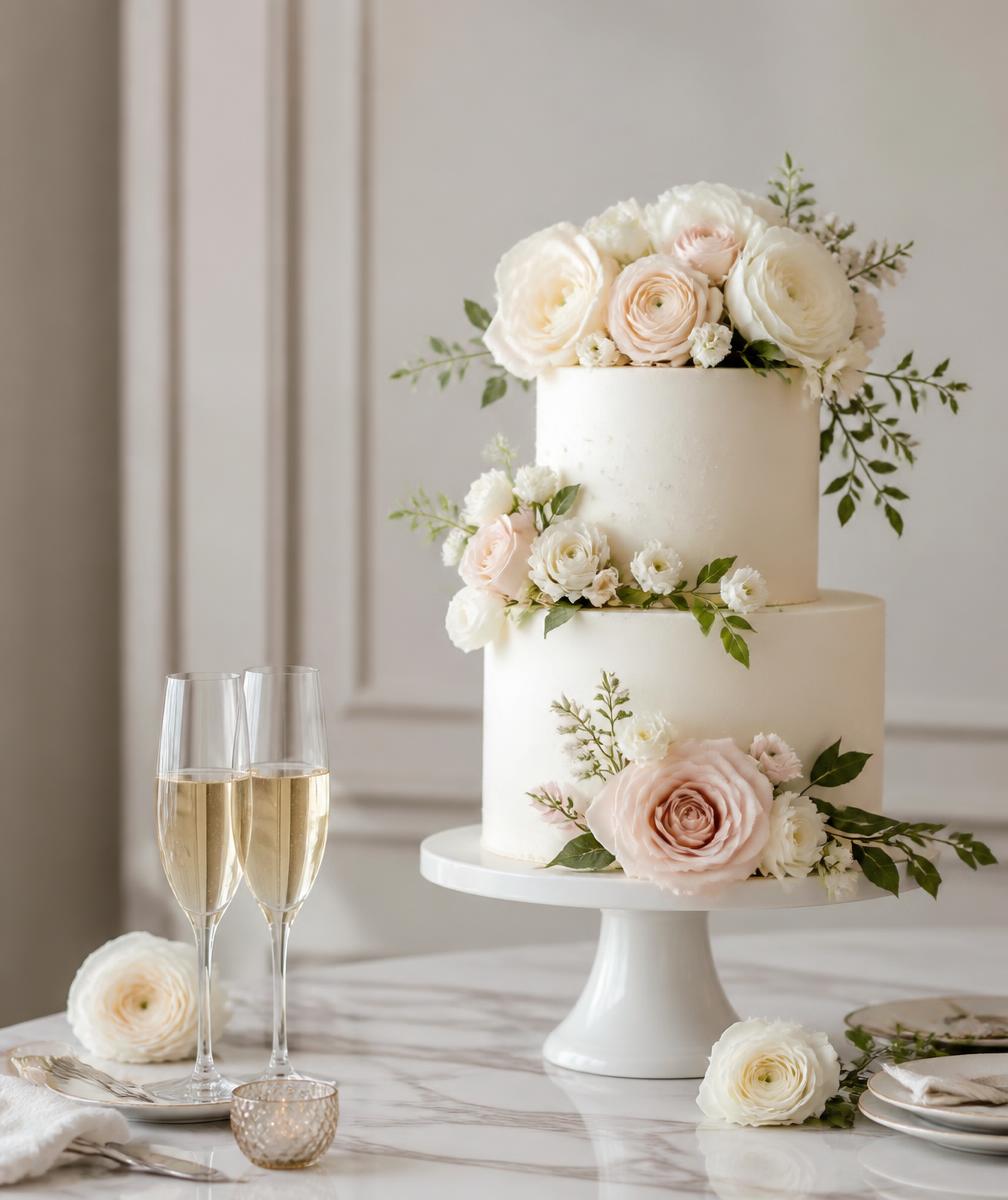 Bruidstaart met verse bloemen